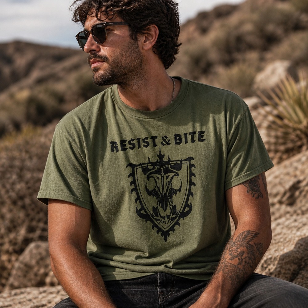 Sabaton Resist‎ & Bite Band T-Shirt Mens Large Olive Green Graphic Tee Gildan